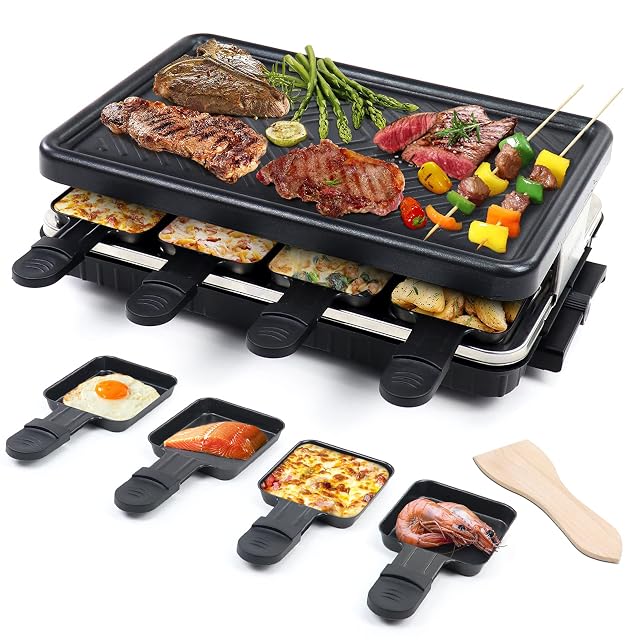 HengBO Raclette-Grill für acht Personen mit antihaftbeschichteter Platte und Pfännchen