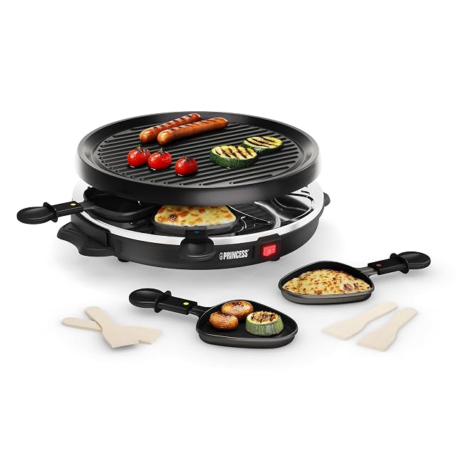 Princess Raclette-Grill mit runder 30-cm-Steinplatte und sechs Pfännchen